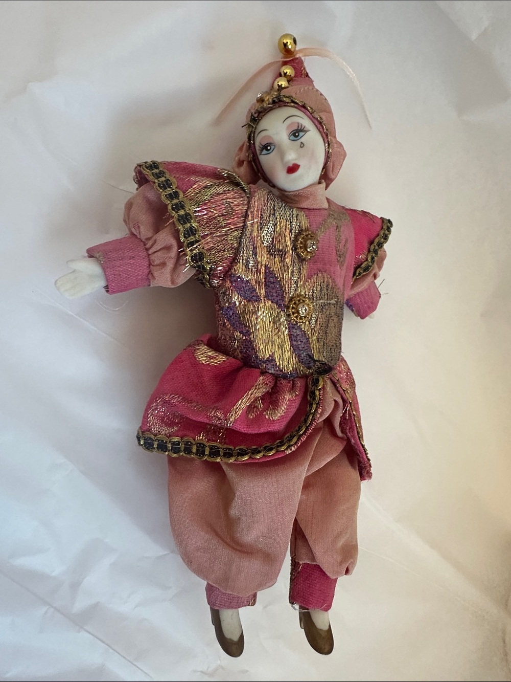 Porcelain Harlequin Doll in Pink and Gold Decorative Accent